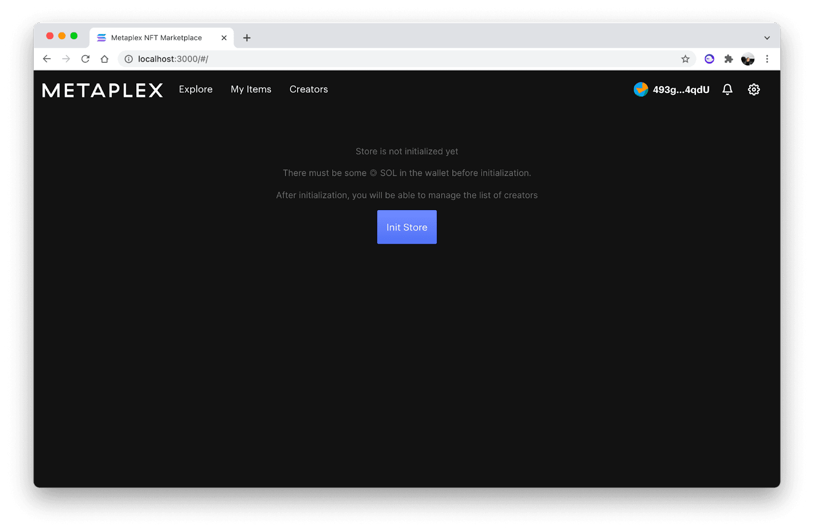 Página de configuração do Metaplex Storefront com o botão Init Store