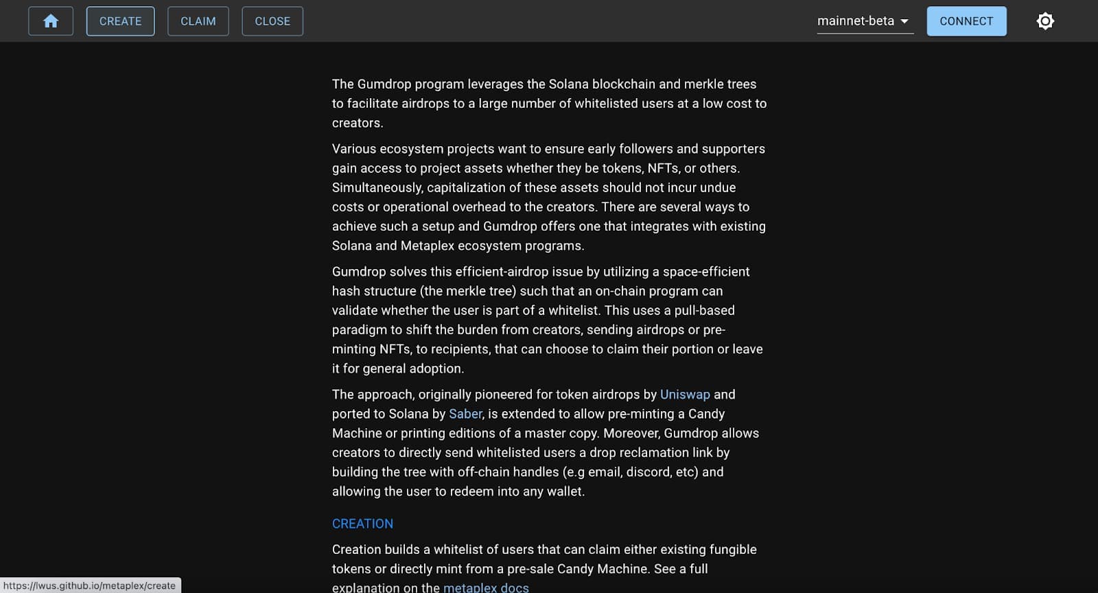 UI de airdrop do Gumdrop com as ações Create, Claim e Close