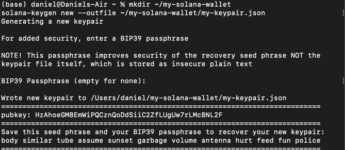 Terminal output from solana-keygen showing a new Solana wallet pubkey and seed phrase