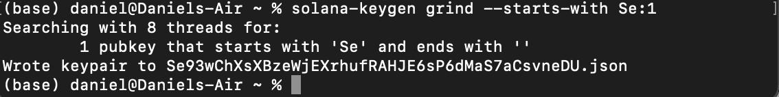 Terminal output of generating a Solana keypair with a pubkey starting with Se