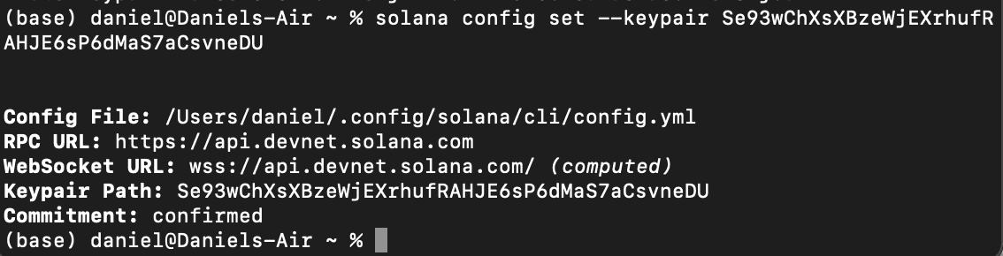 Terminal output after configuring the Solana CLI with the new wallet address
