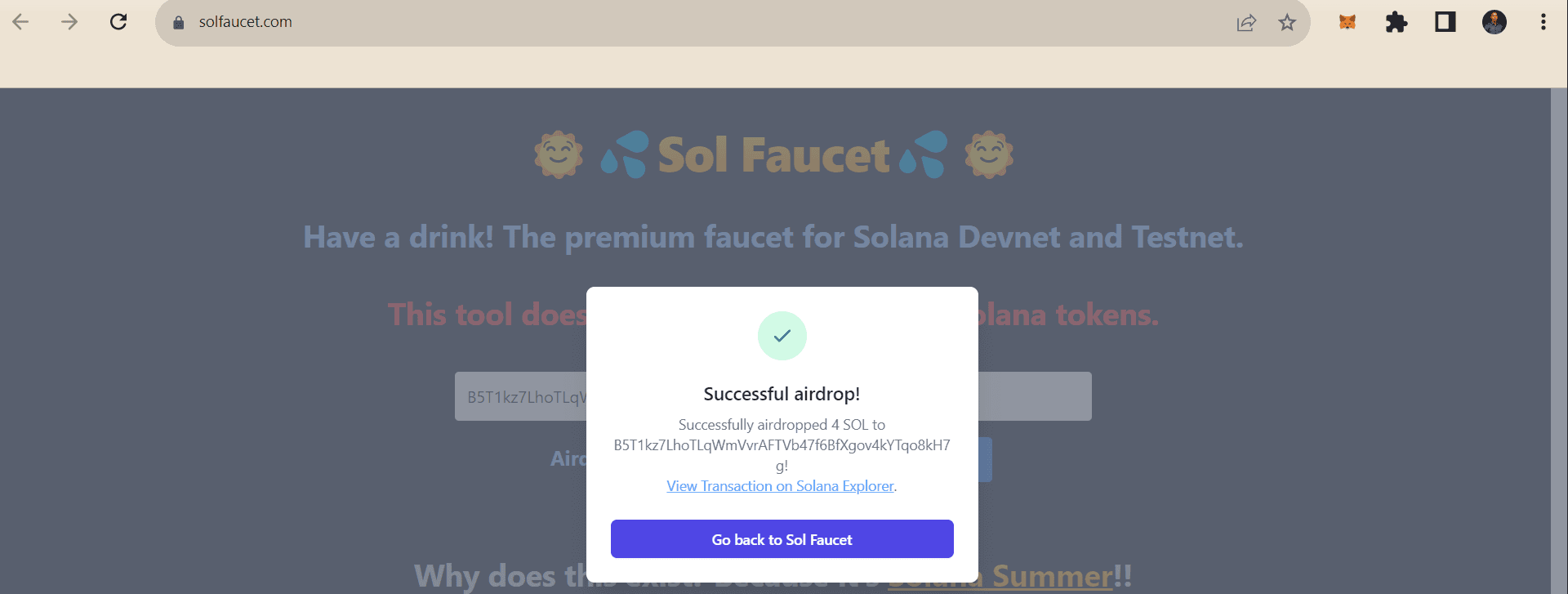 Successful airdrop of 4 devnet SOL tokens from solfaucet.com