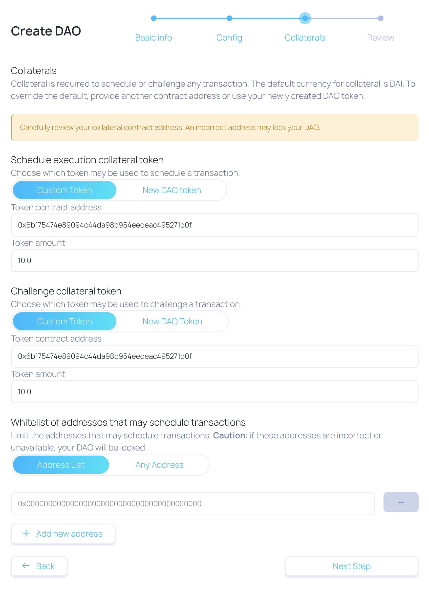 Aragon Govern DAO Creation Tool - Provide Collateral Addresses