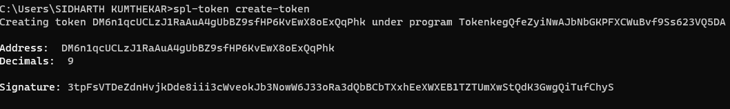 Results from running the spl-token create-token command