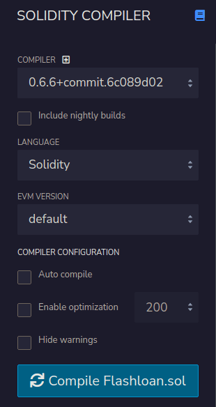 Remix Solidity compiler settings for compiling Flashloan.sol