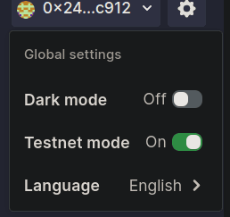 Aave settings menu with the Testnet mode toggle enabled