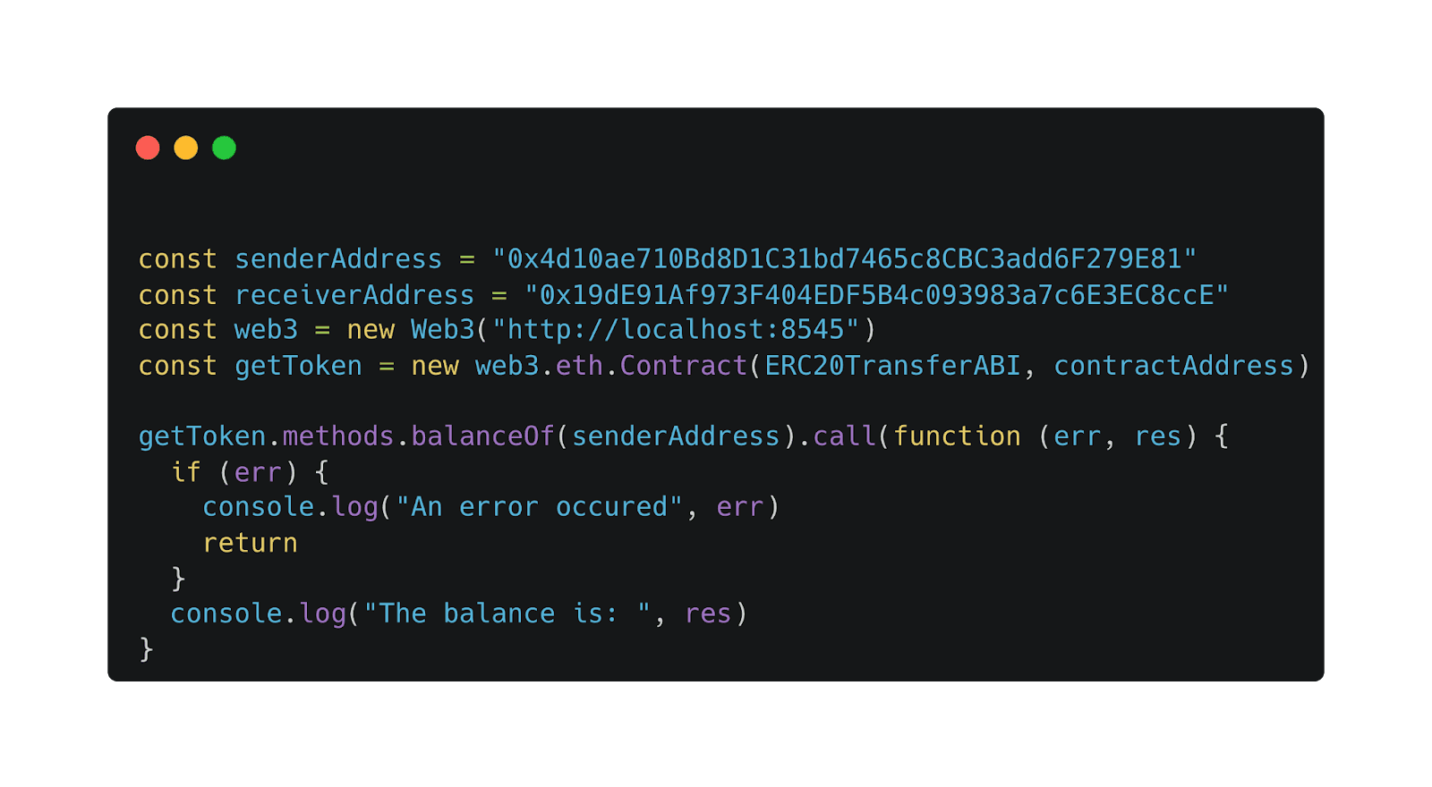 JavaScript snippet executing a contract function using its ABI and address