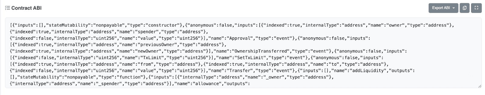 Etherscan contract page showing the ABI of an already deployed contract