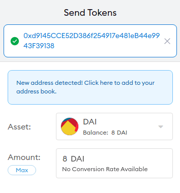 MetaMask send screen: transferring DAI to the deployed flash loan contract