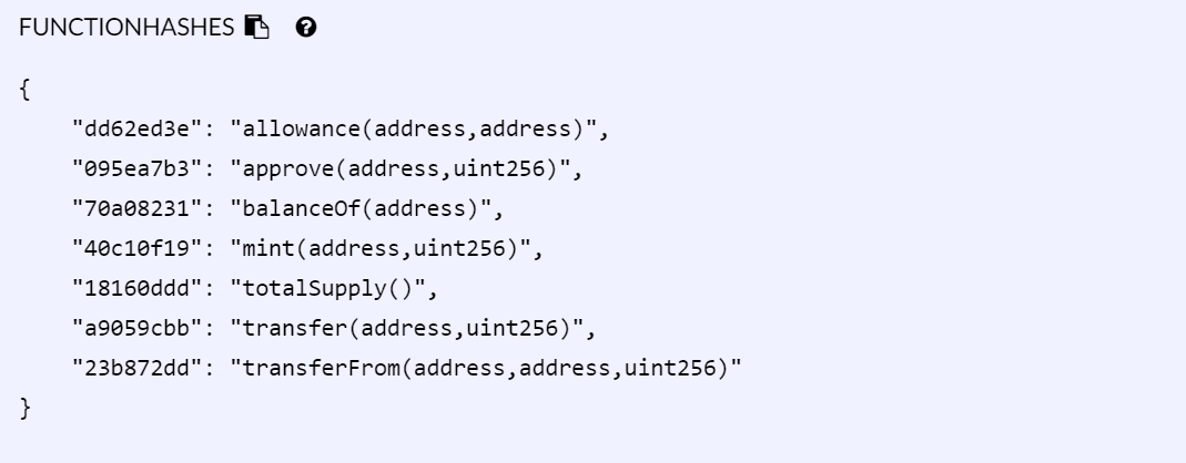 Examples of ABI function signature hashes, including the ERC20 transfer selector