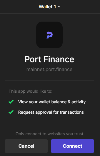 Port Finance wallet selection dialog: connecting a Phantom wallet
