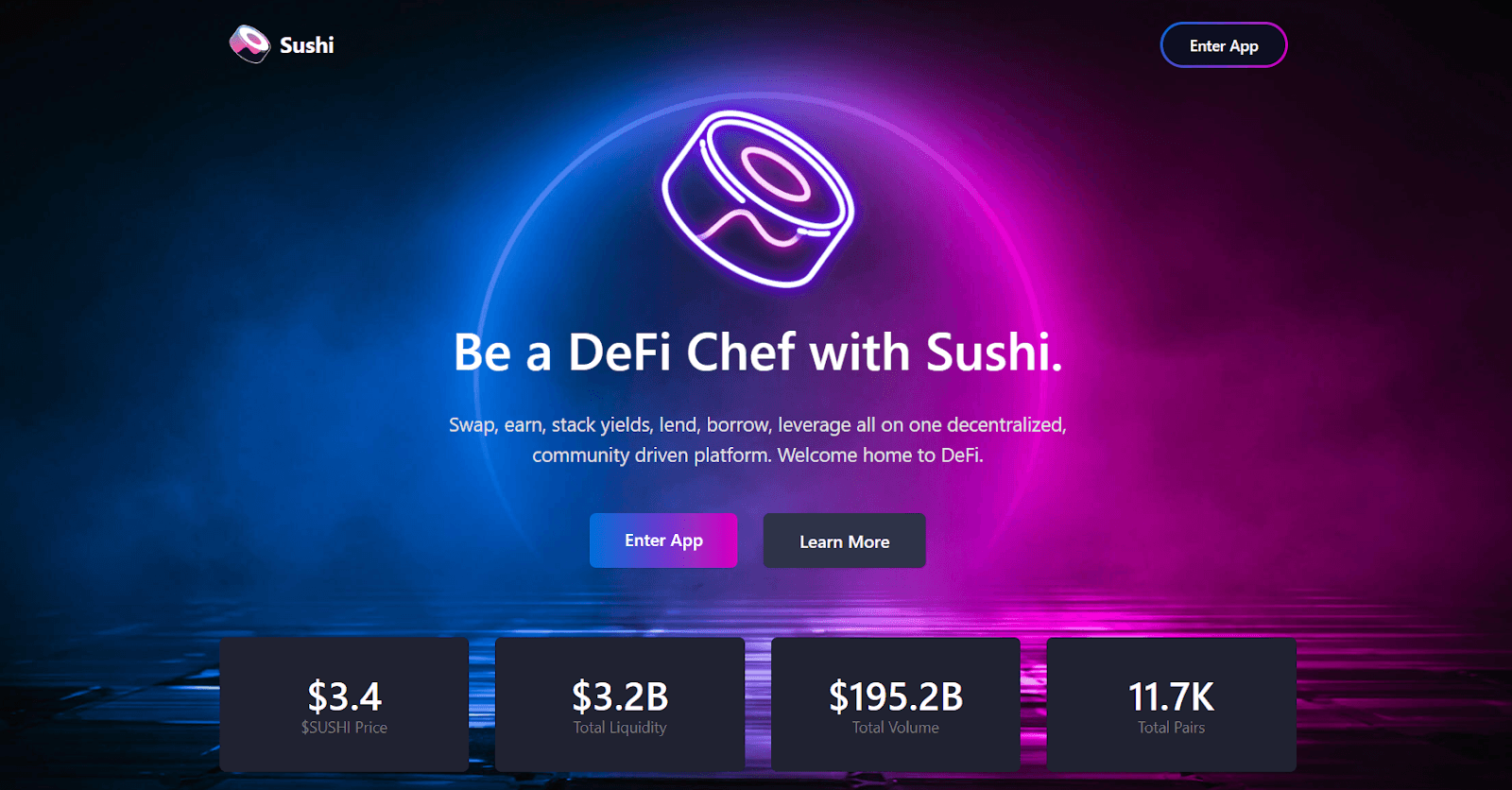 SushiSwap website with token staking farms and pools