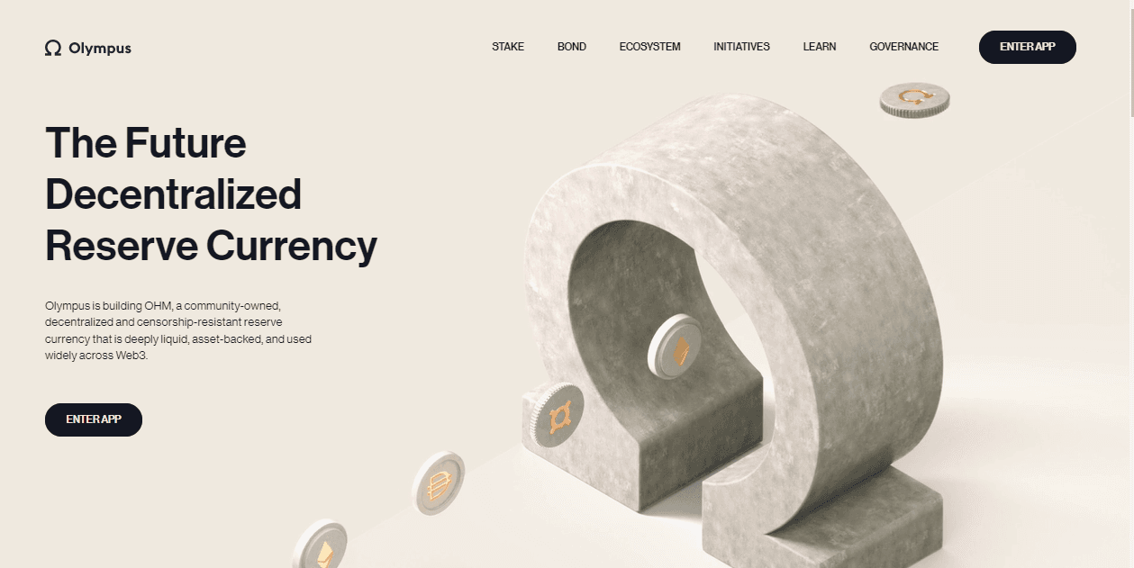 OlympusDAO website homepage for staking tokens