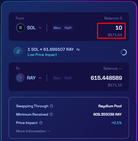 Raydium swap form: choosing the tokens and amount to trade