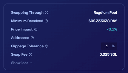 Raydium swap settings showing minimum received, slippage tolerance, and price impact
