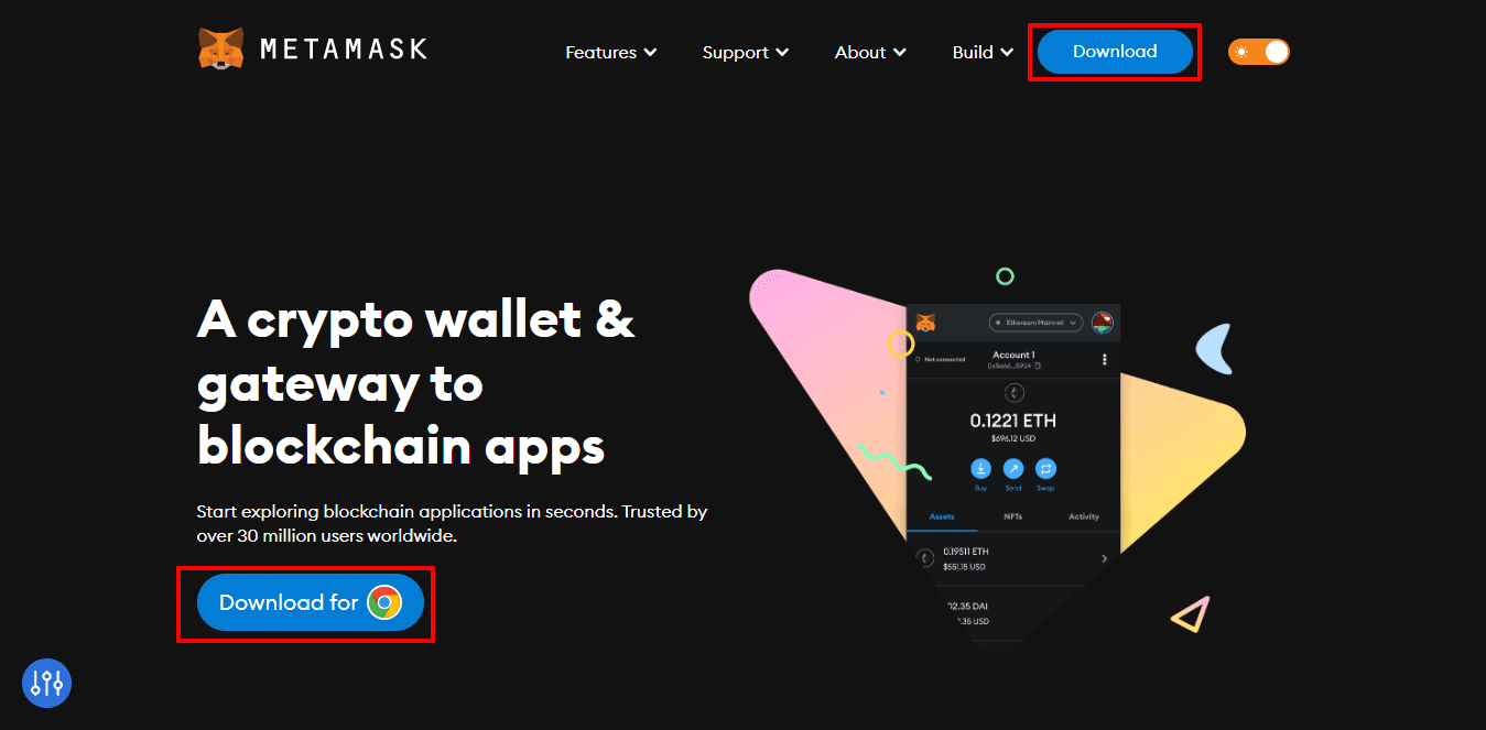 MetaMask website download page for installing the browser extension