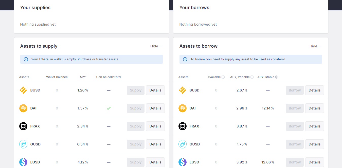 Aave market interface listing assets available to supply or borrow