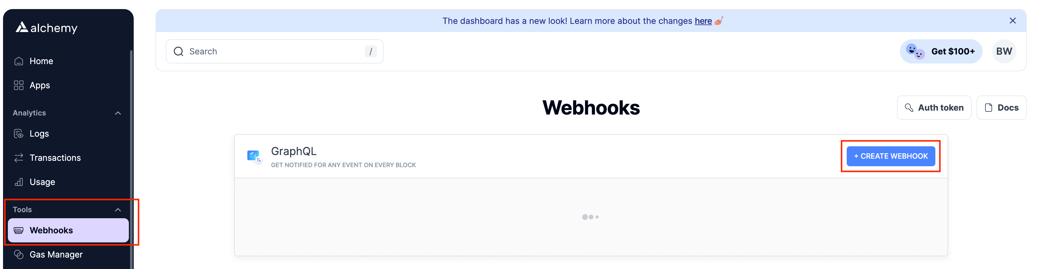 Alchemy dashboard: creating a new GraphQL custom webhook