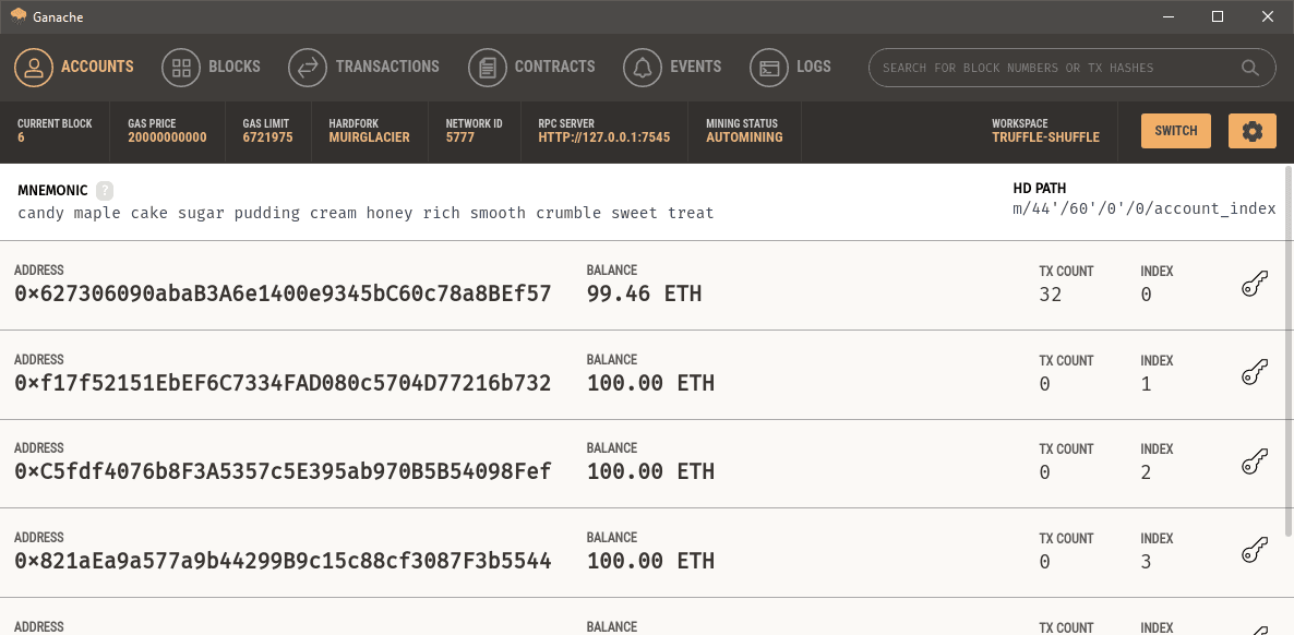 Ganache local blockchain tool for Ethereum smart contract testing