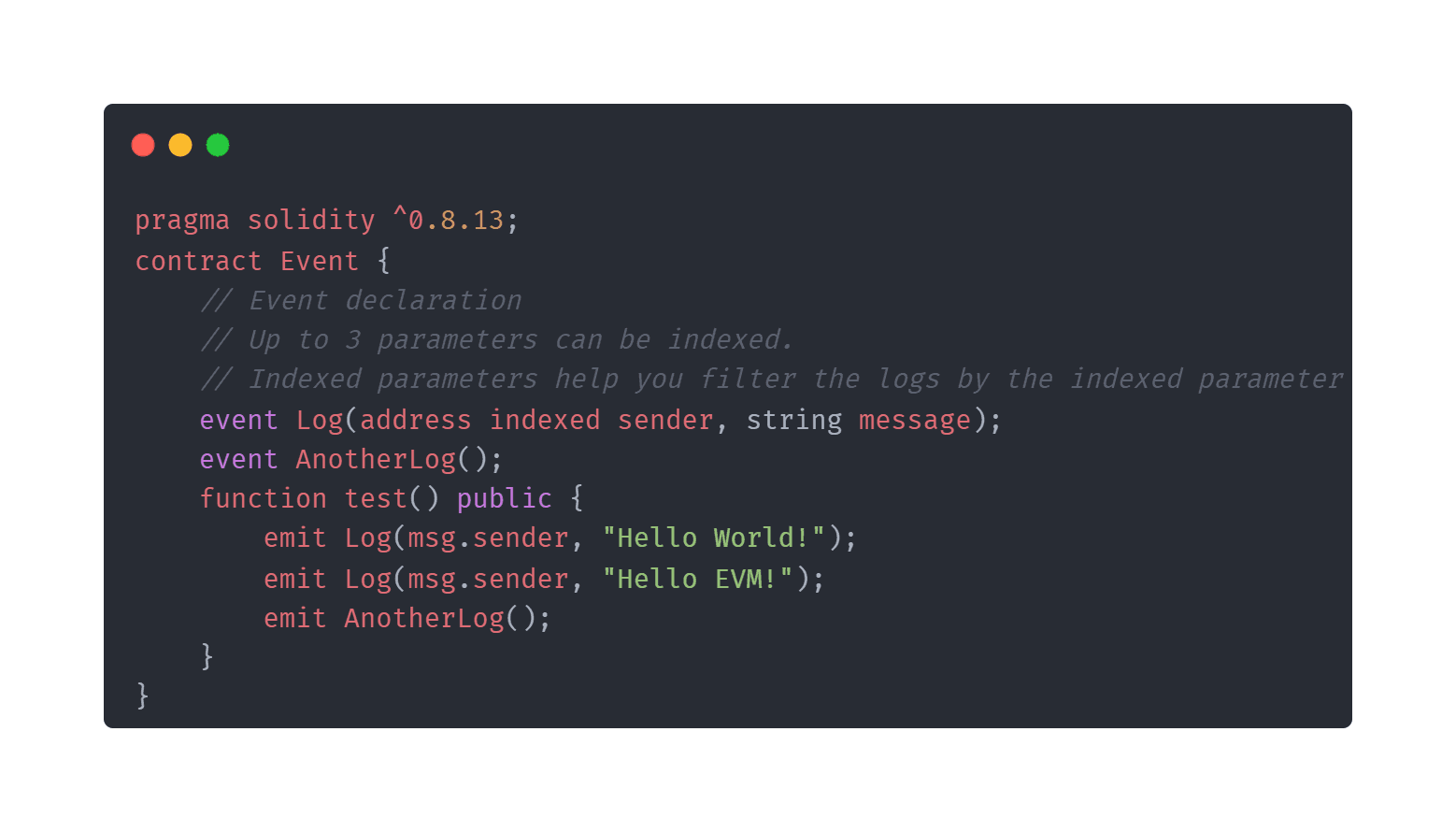 Ejemplo de código Solidity de un evento con dos parámetros: dirección del remitente y string de mensaje
