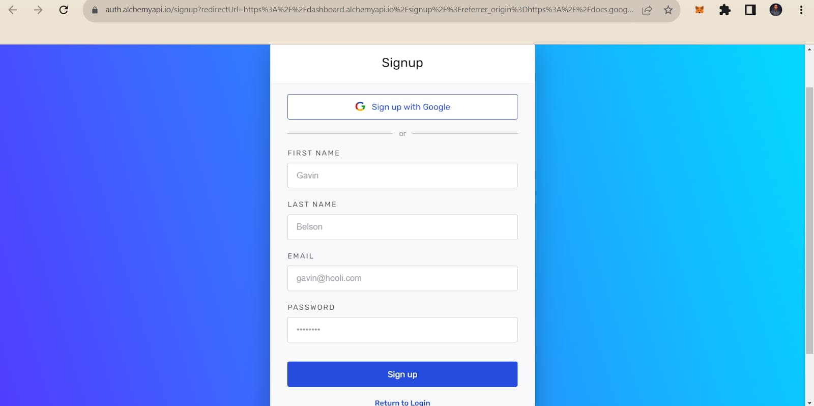 Alchemy sign-up page for creating a free developer account