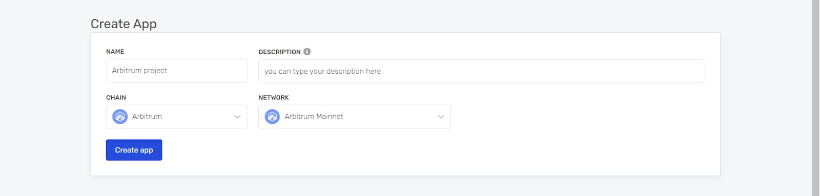 Alchemy dashboard: creating a new app on Arbitrum Mainnet