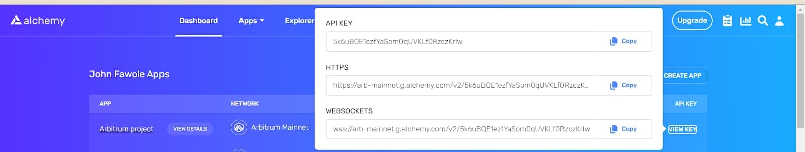 Alchemy dashboard: viewing the API key for an Arbitrum app