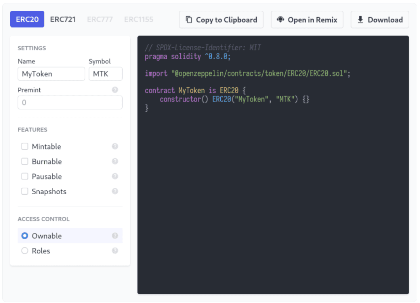 用于生成智能合约代码的 OpenZeppelin Contracts Wizard 界面