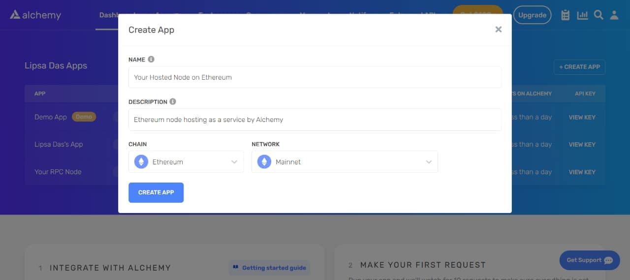 Dashboard view of what it looks like to create a new Ethereum RPC node endpoint.