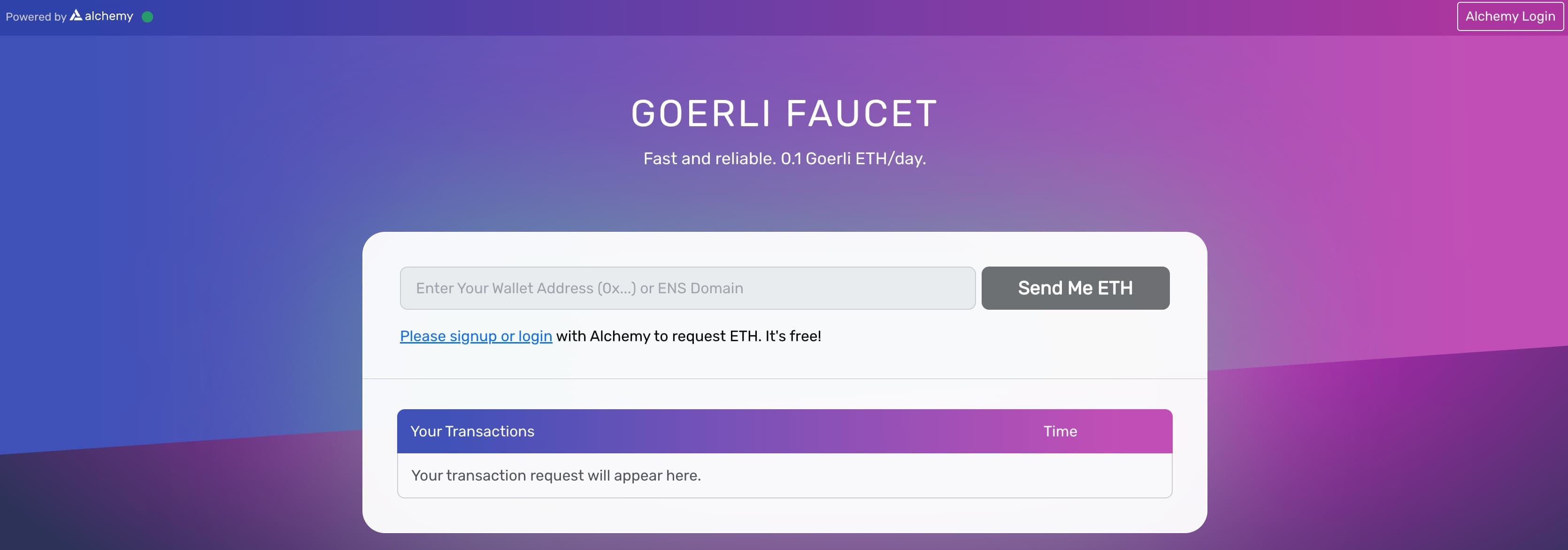 Alchemy Goerli faucet page for requesting free testnet ETH