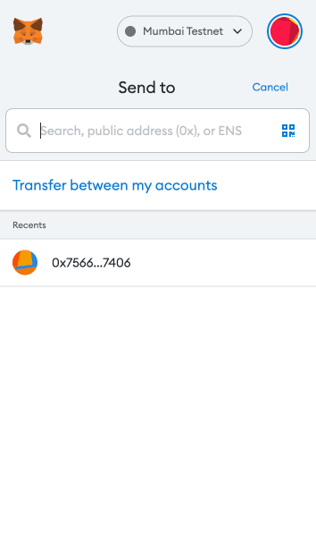 MetaMask send screen: entering the recipient's Mumbai wallet address