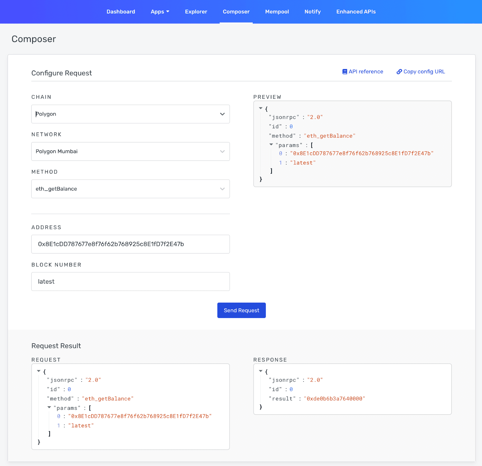 Alchemy Composer: testing a JSON-RPC request on the Polygon Mumbai network