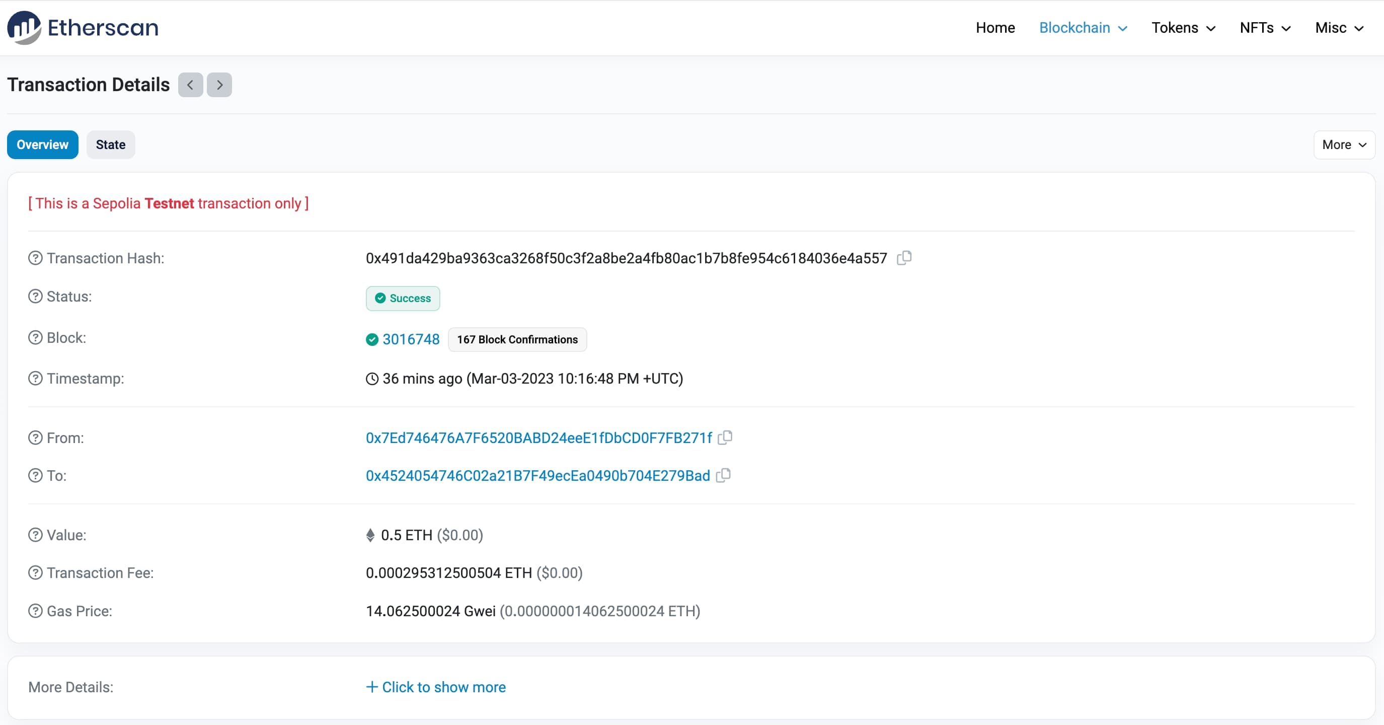 Sepolia Etherscan transaction details page with fee and gas information