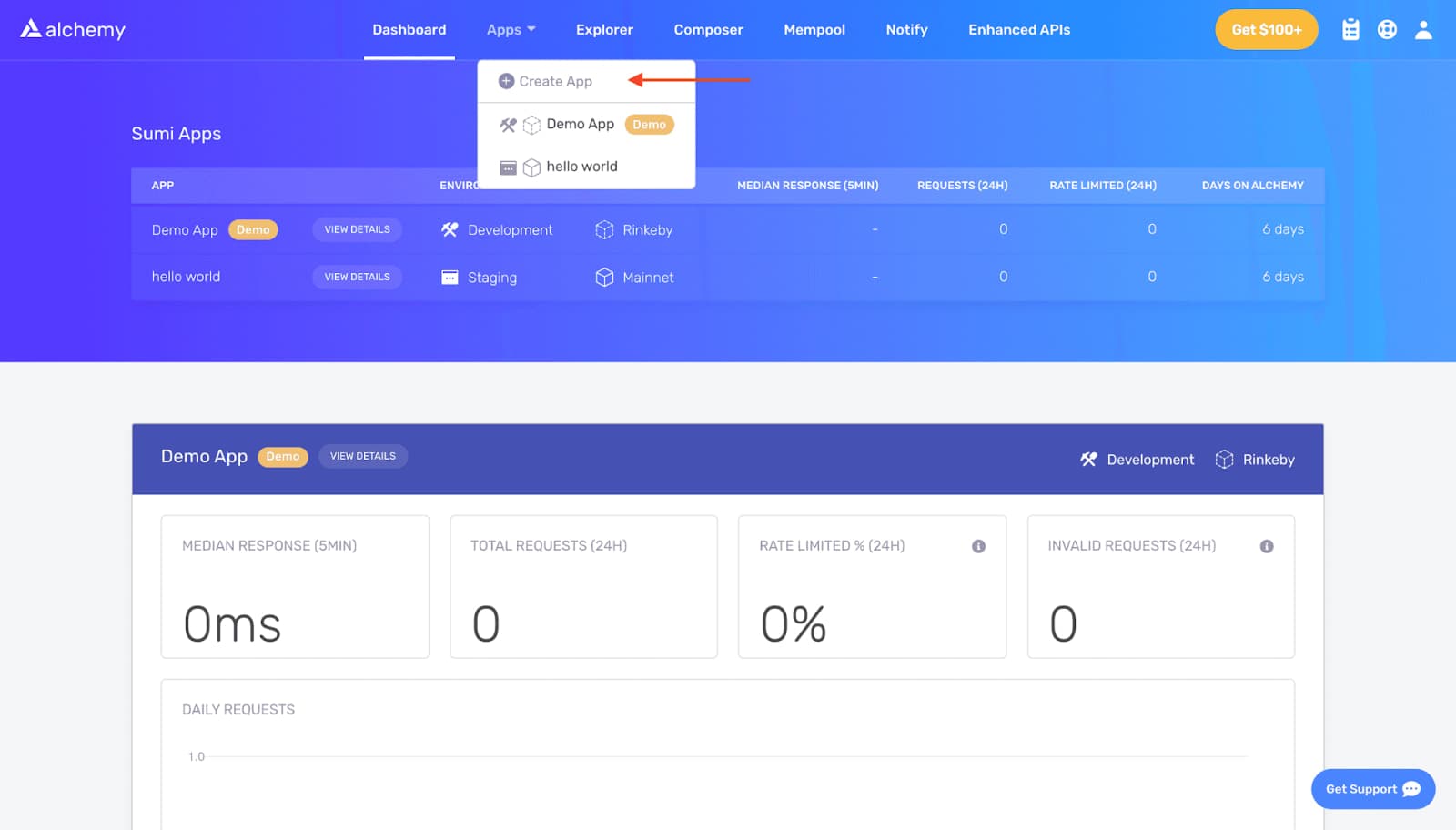 Alchemy dashboard: creating a new app to generate an Optimism API key