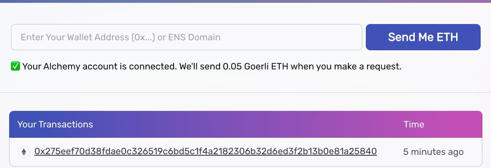 Goerli faucet confirmation popup after successfully requesting free Goerli ETH