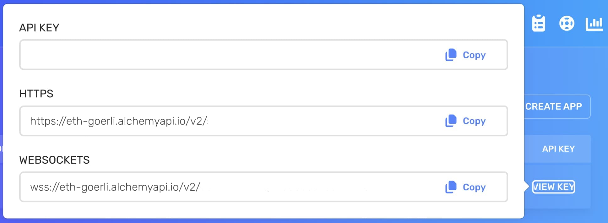 Alchemy dashboard: copying the Goerli RPC URL for a new app
