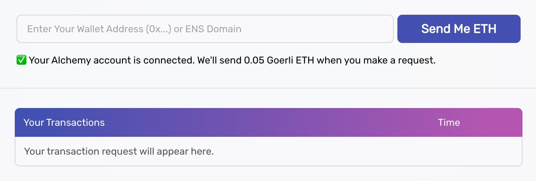 Goerli faucet page with a wallet address field for requesting free goETH