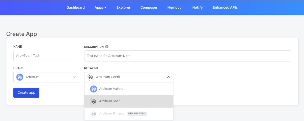 Create a new Arbitrum Goerli application in the Alchemy dashboard.