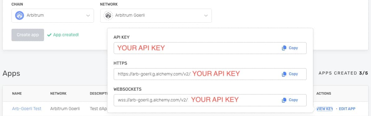 Alchemy dashboard showing a personal Arbitrum Goerli RPC URL