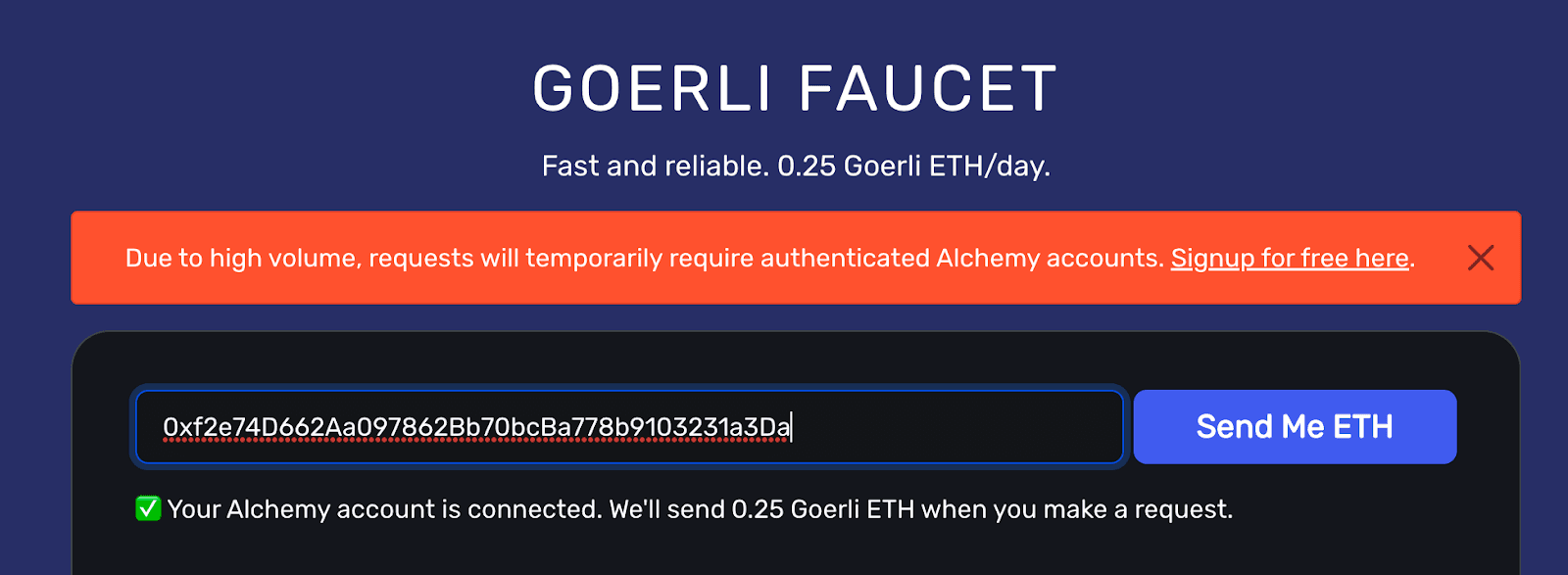 Goerli Faucet website for requesting free testnet ETH