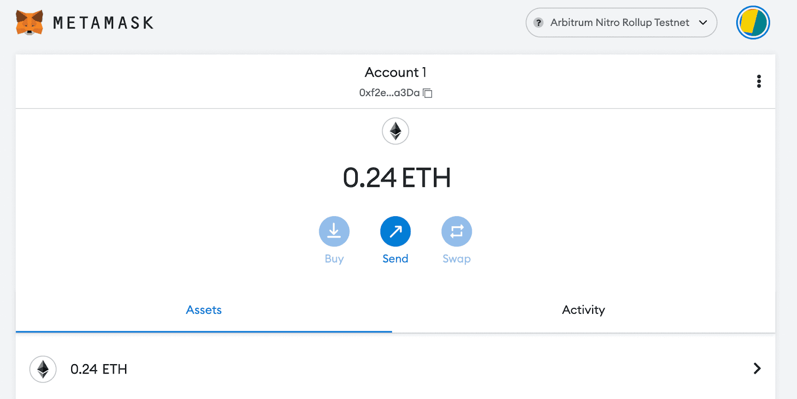 MetaMask wallet showing an Arbitrum Goerli ETH balance