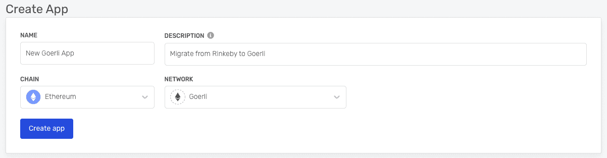 Alchemy dashboard: creating a new Goerli app