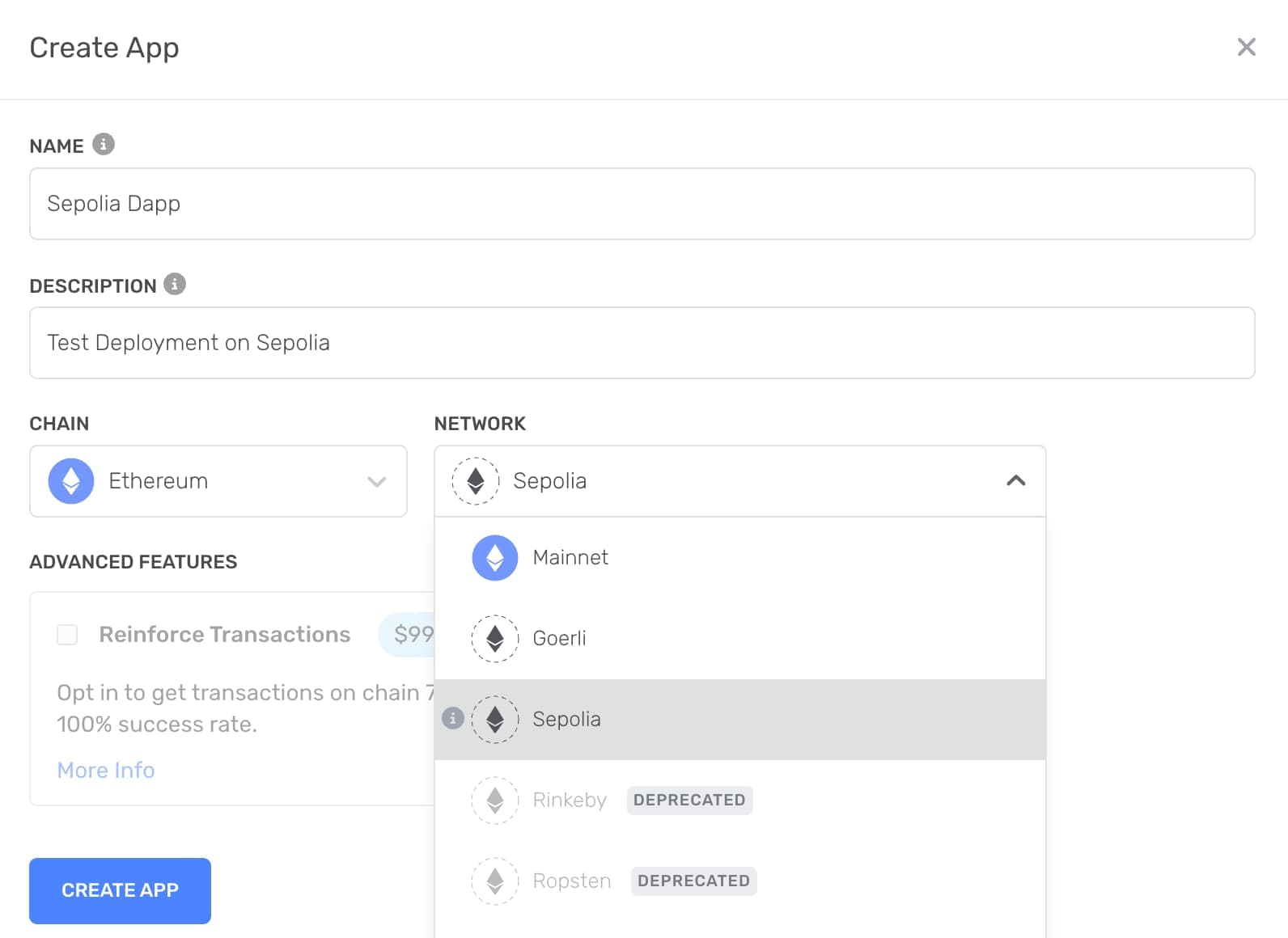 Alchemy dashboard: creating a new Sepolia app
