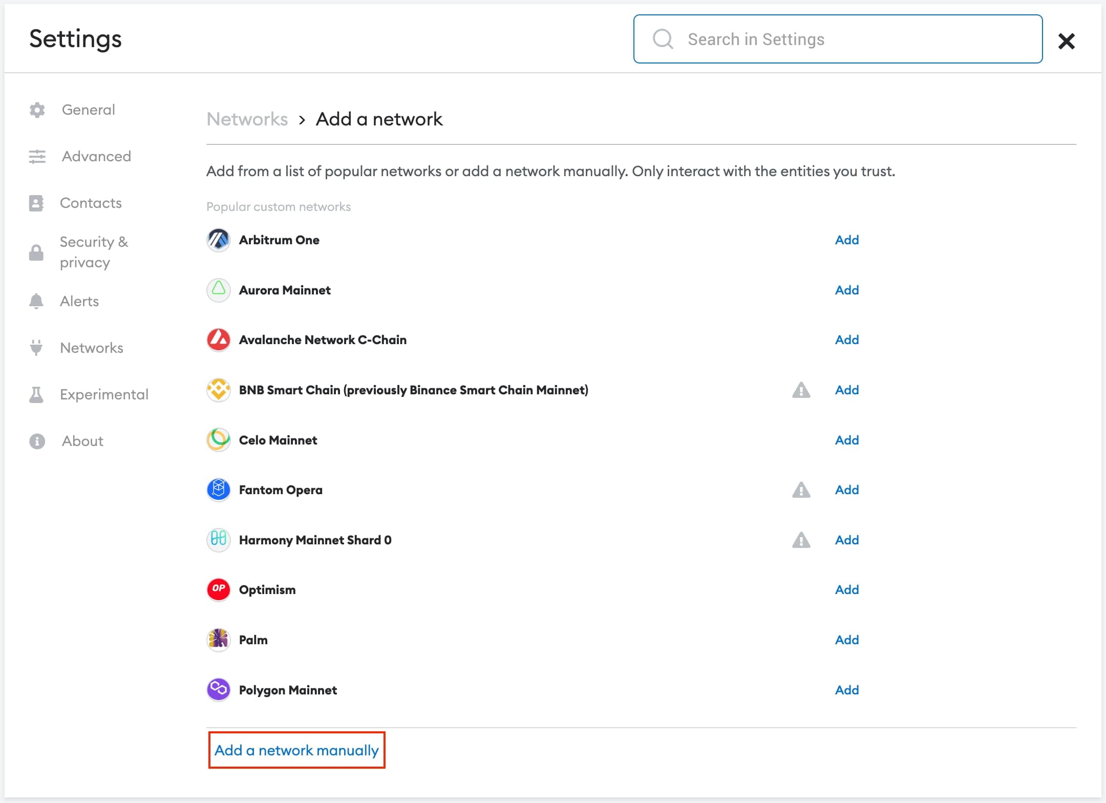 Manually add a new network to MetaMask