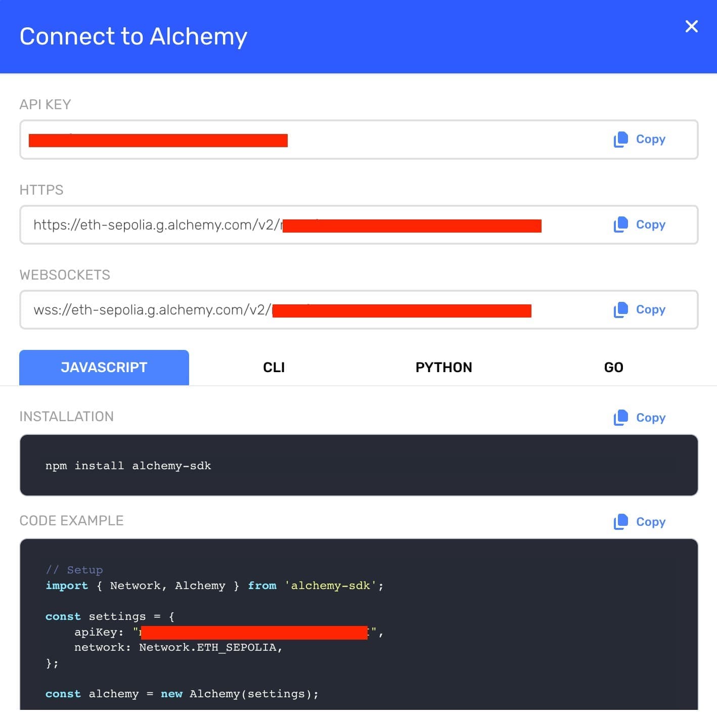 Alchemy dashboard: copying the Sepolia RPC HTTPS URL