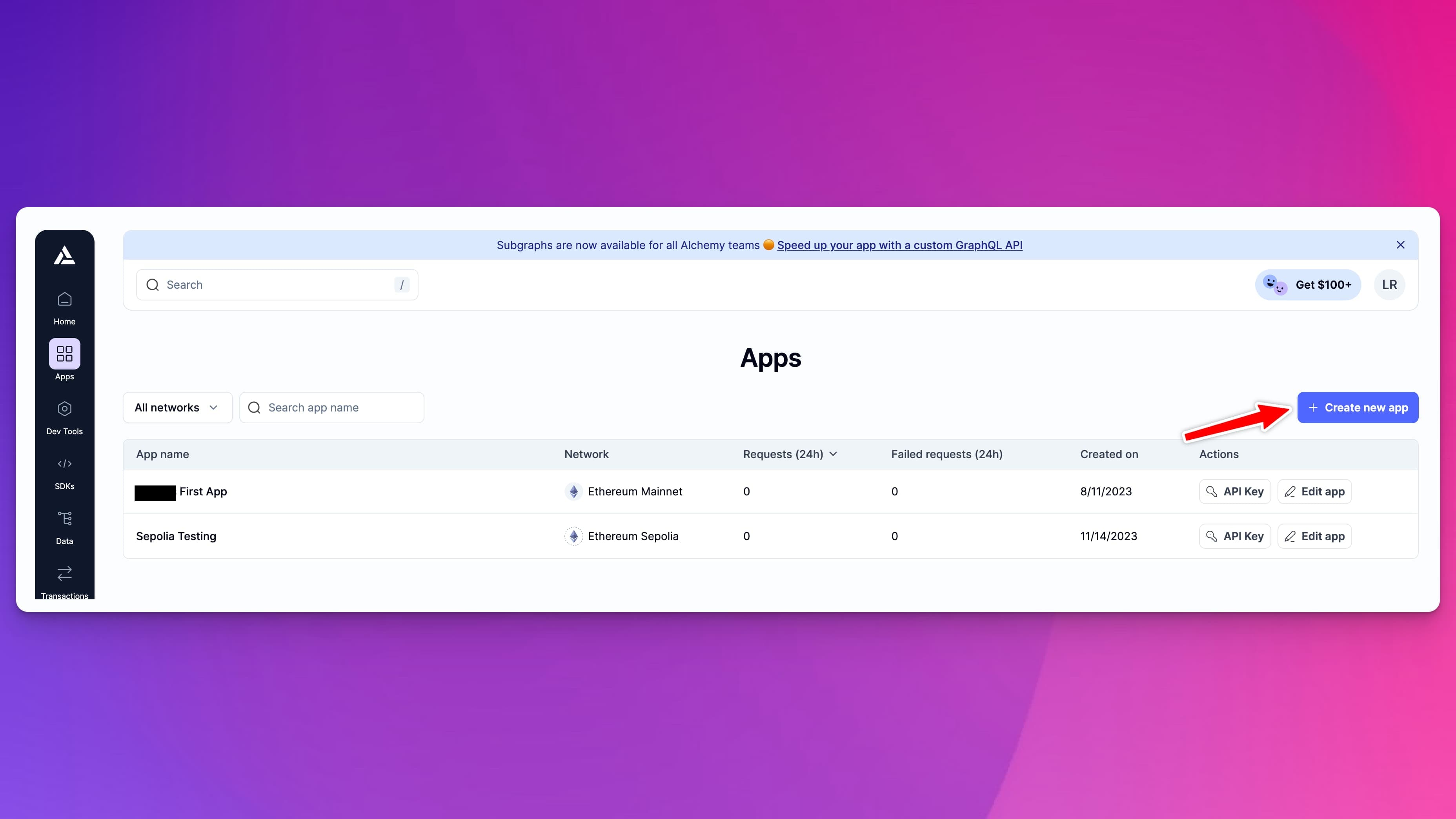 Alchemy dashboard: clicking the Create new app button