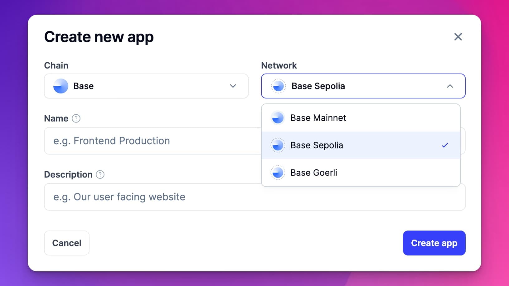 Alchemy app setup: choosing Base Sepolia as the network