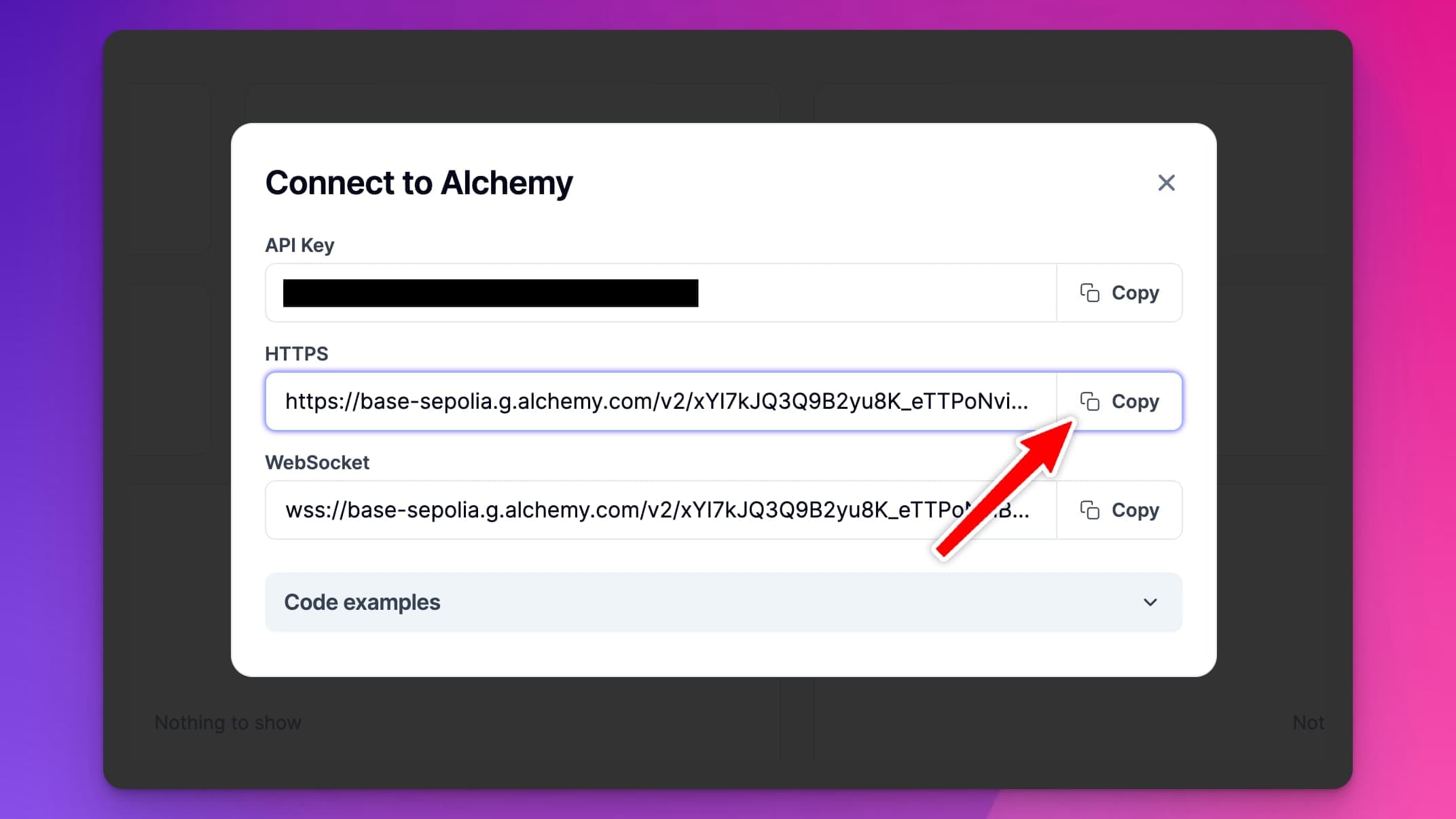 Alchemy app dashboard: copying the Base Sepolia HTTPS RPC URL