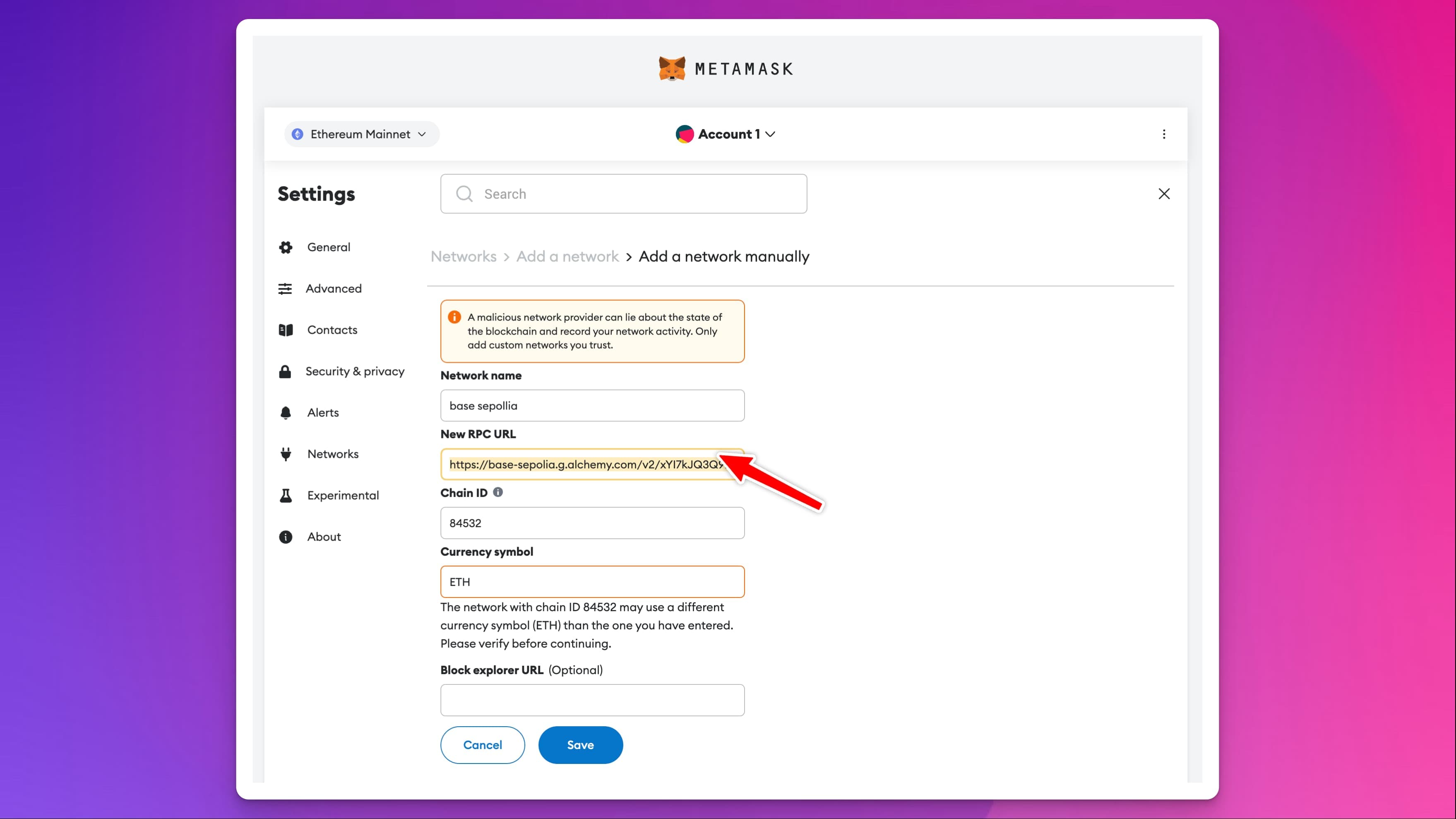 MetaMask add-network form with the Base Sepolia RPC URL pasted in