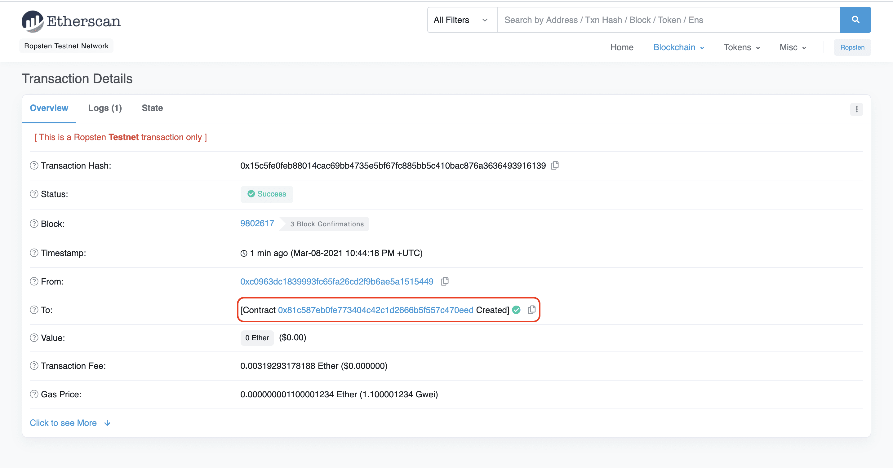 Etherscan: locating the deployed NFT contract address